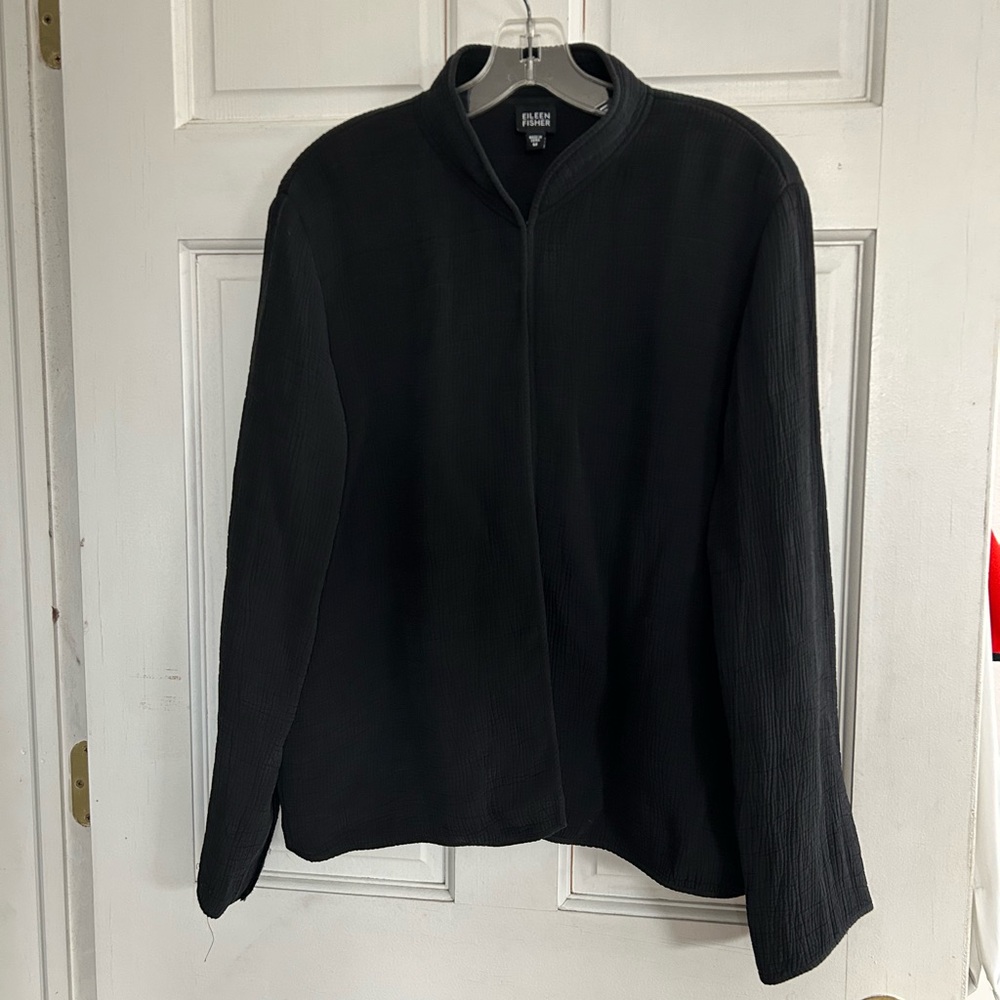 Eileen Fisher Black Crinkle Silk Rayon Jacket Mandarin Collar Size Medium